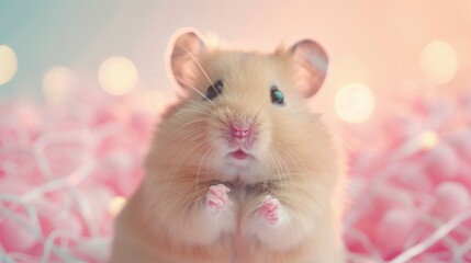 Adorable close-up of a fluffy hamster sitting in soft pink surroundings with a bokeh background, creating a dreamy and cute scene.