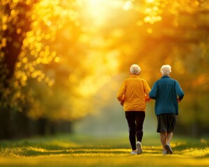 Obraz premium Senior couple walking in a park during autumn. The golden sunlight filters through the trees creating a warm and peaceful atmosphere.
