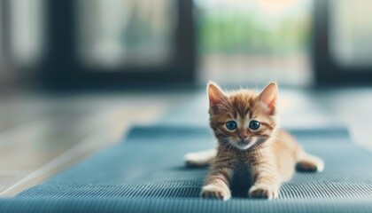 Adorable orange kitten lying on a blue yoga mat in a cozy indoor setting, looking curious and playful, with natural light streaming in.