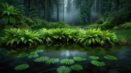 Serene forest scene with lush green ferns and lily pads in a tranquil pond, shrouded in mist, capturing nature's tranquil beauty.