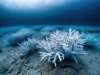 Obraz premium Stunning underwater photograph capturing the ethereal beauty of bleached coral reefs in a serene ocean environment.