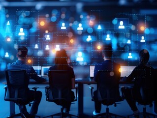 Team collaborating in a high-tech office with a digital network interface in the background, representing modern business technology.