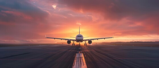 Airplane on runway at sunset, dramatic sky with vibrant colors, jet ready for takeoff, aviation and travel concept.