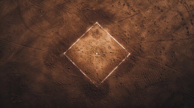 Aerial view of a baseball diamond on a dirt field, showcasing the landscape and sports facility from above.