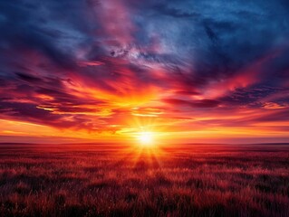 Fototapeta premium Vibrant sunset over a grassy field with a stunning mix of red, orange, and purple hues, capturing the beauty of nature's evening light show.