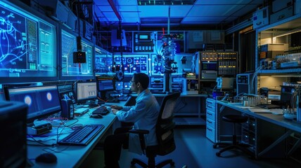 Cybersecurity professional monitors data streams and network security amid high-tech screens and equipment. AIG58