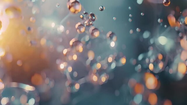 Detailed view of a molecule structure with bubbles dispersed throughout, Devise an engaging geometric design that reflects the concept of futuristic molecules