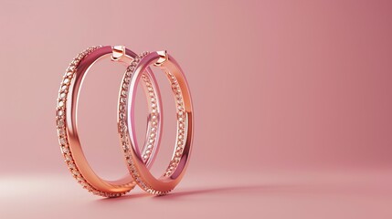 A pair of rose gold hoops with diamond accents, placed on a solid coral pink background.