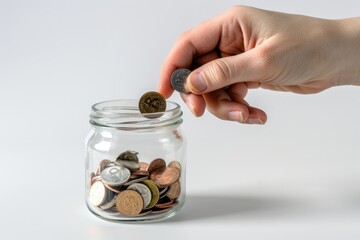Womans hand with money in clear jar  investment and savings.