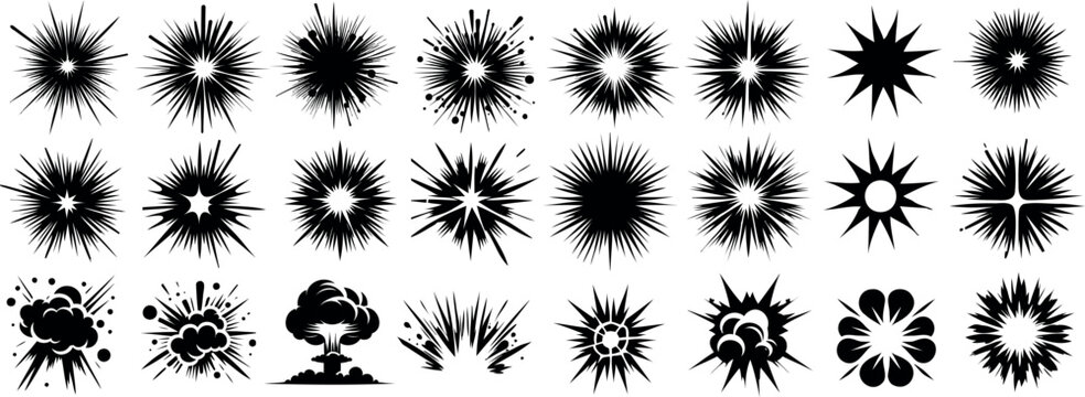 Bullet hole crack and Explosion icon vector graphics in dynamic style, various blasts, bursts, bullet holes, cracks, impact effects for comic elements action design