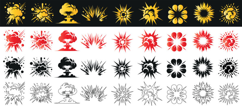 Explosion icon set, bomb blast illustrations, explosion graphics, nuclear explosion symbols, comic explosion art vector designs colorful blast effects