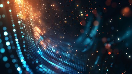 Abstract technology background of a quantum computing system with a cyber network grid and connected particles. Artificial neurons, global data connections