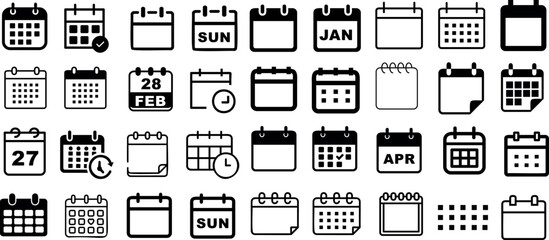Calendar icon vector graphics in minimalistic style, various months, date, day, appointment, schedule, organizer, reminder, planner, important dates