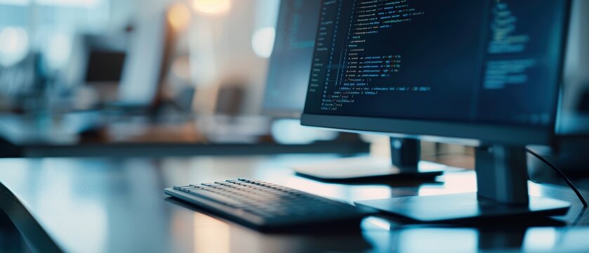 Close-up of a computer monitor displaying code in a modern office. Ideal for technology, software development, and coding themes.