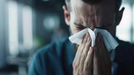 Close-up of a man sneezing into a tissue, highlighting common cold symptoms. Indoor setting with a blurred background.