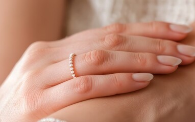 elegant diamond eternity band on woman's finger.