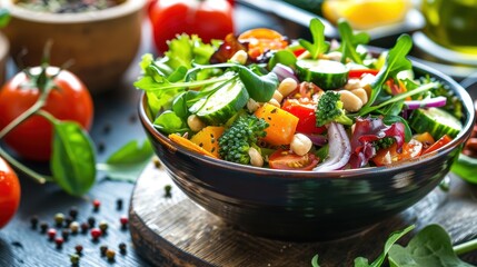 Fresh and Colorful Salad Bowl: Organic Vegetables and Greens Up Close on Table