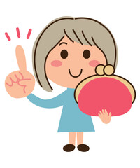 財布を持って右手の人差し指を立てる女子