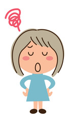 両手を腰に当てて目をつぶる女子とモヤモヤマーク
