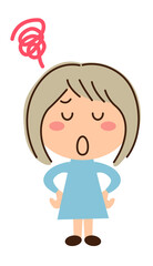 両手を腰に当てて目をつぶる女子とモヤモヤマーク