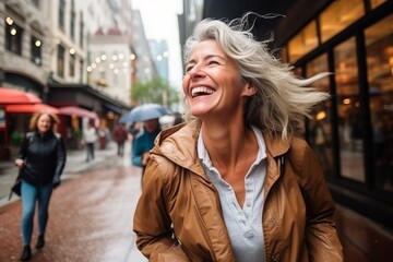 Fototapeta premium Portrait of a happy young woman laughing and walking in the city