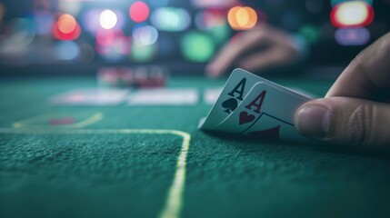 Close-up of a poker player revealing two aces on a green table in a casino setting, focusing on strategy and high-stakes gambling.