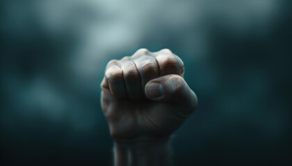Close-up of a raised clenched fist symbolizing strength, power, and unity against a dark, cloudy background.