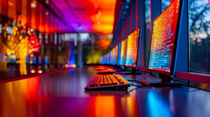 row of computers with colorful lighting and code on screens in a modern office space.