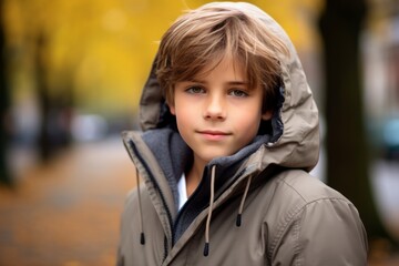 Fototapeta premium Outdoor portrait of cute little boy wearing warm jacket. Autumn fashion.
