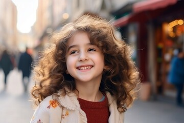 Fototapeta premium Portrait of beautiful little girl with curly hair in the city.