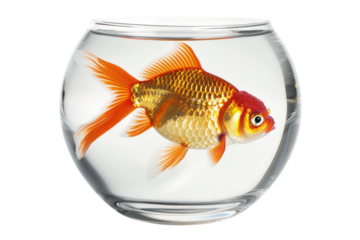 Bright orange goldfish swimming in a clear glass bowl, isolated on a white background, perfect for pet and aquatic-themed designs.