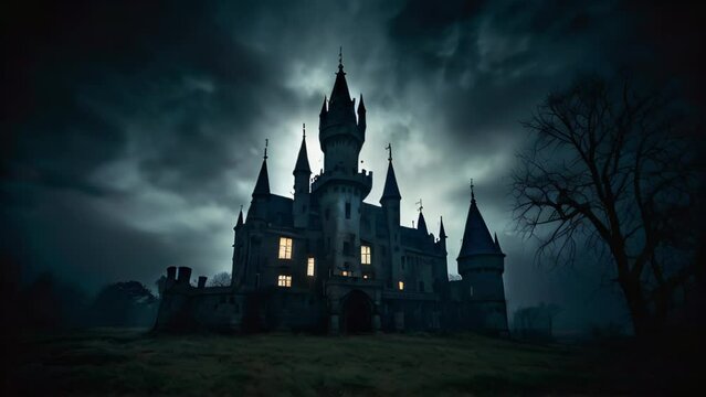 dark, foreboding castle sits under a stormy night sky, with its windows glowing ominously. Barren trees surround the castle, adding to the spooky and mysterious atmosphere