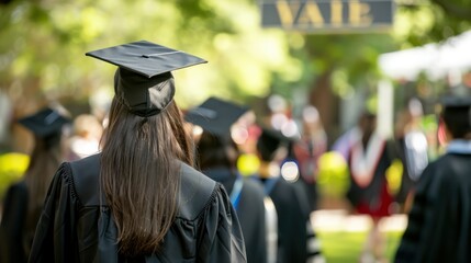 Alumni reunion concept image with sign alumni on college campus and graduated students with regalia and hat in background. 