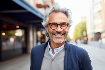 Fototapeta premium Portrait of a smiling senior man in eyeglasses standing outdoors