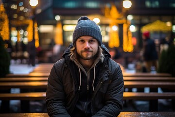 Portrait of a young man in a hat and jacket sitting at a table in a street cafe