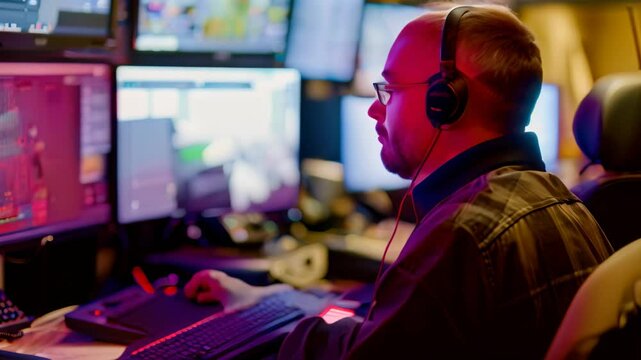 Man focused on screens at desk in dispatch center coordinating responses, Dispatch center coordinating multiple responses
