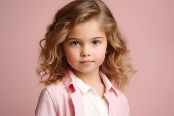 Fototapeta premium Portrait of a cute little girl in a pink shirt on a pink background.