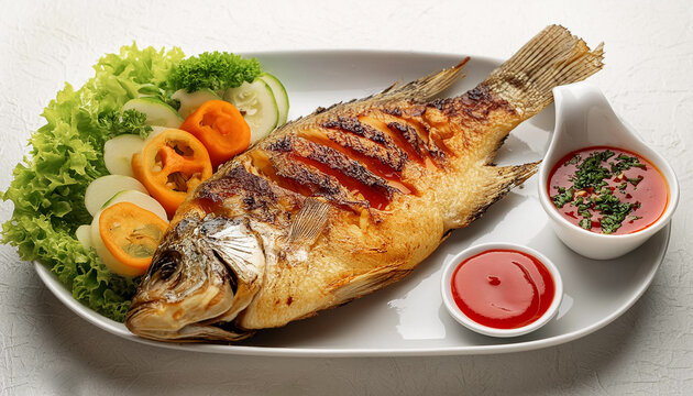 Grilled gourami or Gurame bakar with red barbeque sauce, vegetables, and chilli sauce on a white background.