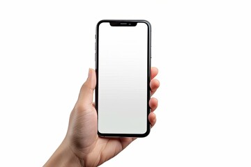Hand holding smartphone with blank screen isolated on white. Mobile phone mockup for app design presentation.