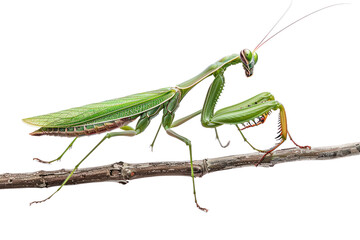 Close-up of a green praying mantis perched on a twig. Detailed and sharp image of this fascinating insect against a white background.