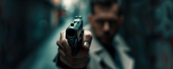 Dramatic scene with a person pointing a handgun in a moody urban setting, conveying tension and intensity, suitable for crime or thriller themes.