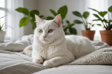 White cat resting on the bed. Bedroom interior in a Scandinavian minimalist stylewith plants. Urban jungle. Morning vibes. Bedroom interior concept. Sunny morning.