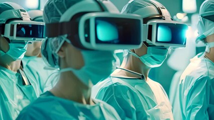 Surgeons in a group wearing virtual reality glasses while performing surgery, Doctors using virtual reality to perform surgery with pinpoint accuracy