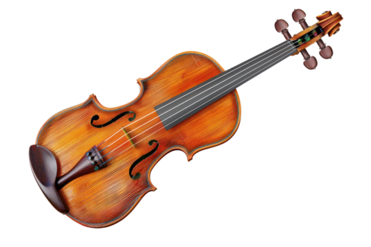Elegant wooden violin on white background, showcasing detailed craftsmanship and classic design, perfect for music enthusiasts and instrument collectors.