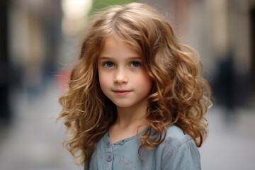 Naklejka premium Portrait of a beautiful little girl with curly hair on the street