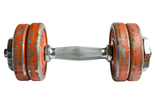 Close-up image of an old rusty dumbbell with chipped orange paint and a textured metallic handle, isolated on a white background.
