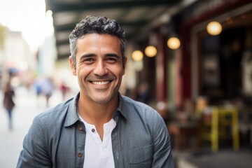Fototapeta premium Portrait of a handsome Hispanic man smiling at the camera in a city