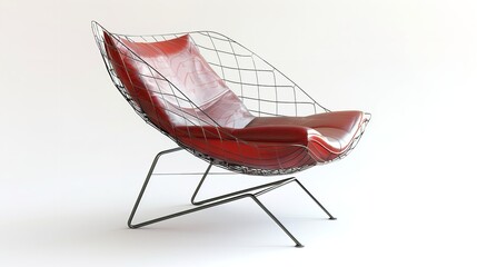 Fototapeta premium Modern Metal Wire Chair with Red Leather Seat on White Background