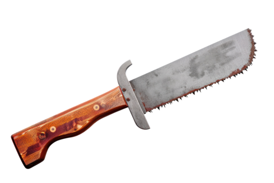 Rustic machete with a wooden handle and a large, weathered blade. Isolated on a white background, perfect for survival or hunting themes.