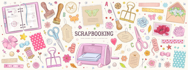 Collection of handmade art supplies for scrapbooking isolated on background. Set of scrapbook or planner decoration elements. Stickers, stamp, tape. Vector illustration